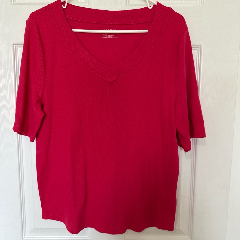 Talbots Tee Shirt Top Size XL Short Sleeve Pink Knit V-Neck Cotton Spandex Blend